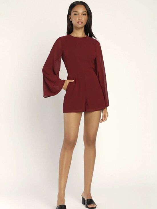 Lulus Dresses & Skirts - Lulus Poised and Playful Burgundy Long Sleeve Backless Romper NWT